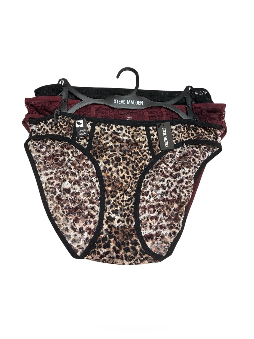 Steve Madden Leopard Print, Black and Burgundy Bikini Briefs 3-Pack